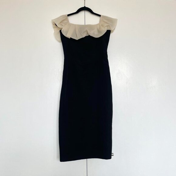 Vintage | Off Shoulder Cream Muslin Drape Black Midi Cocktail Dress | Size M - Picture 4 of 8